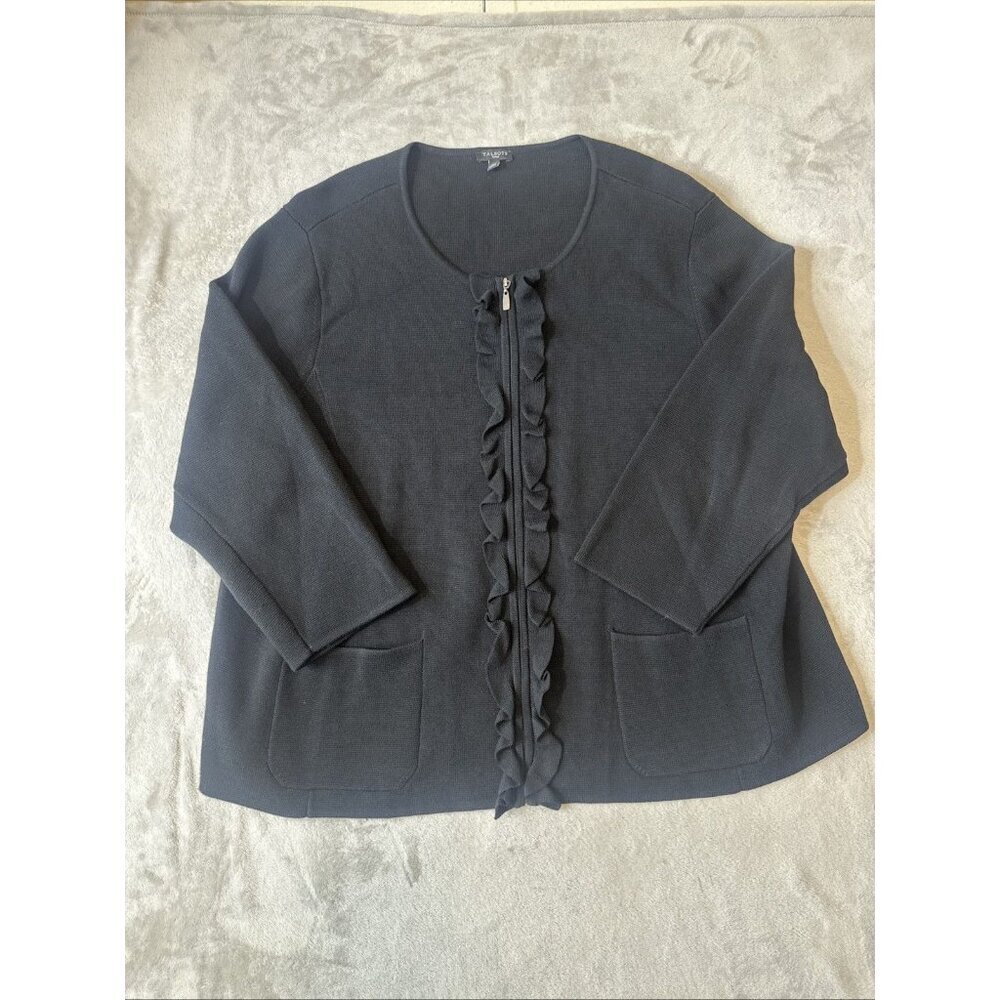 Talbots Plus Size Black Zip Front Cardigan Jacket Women’s 3X Ruffle Trim Pockets